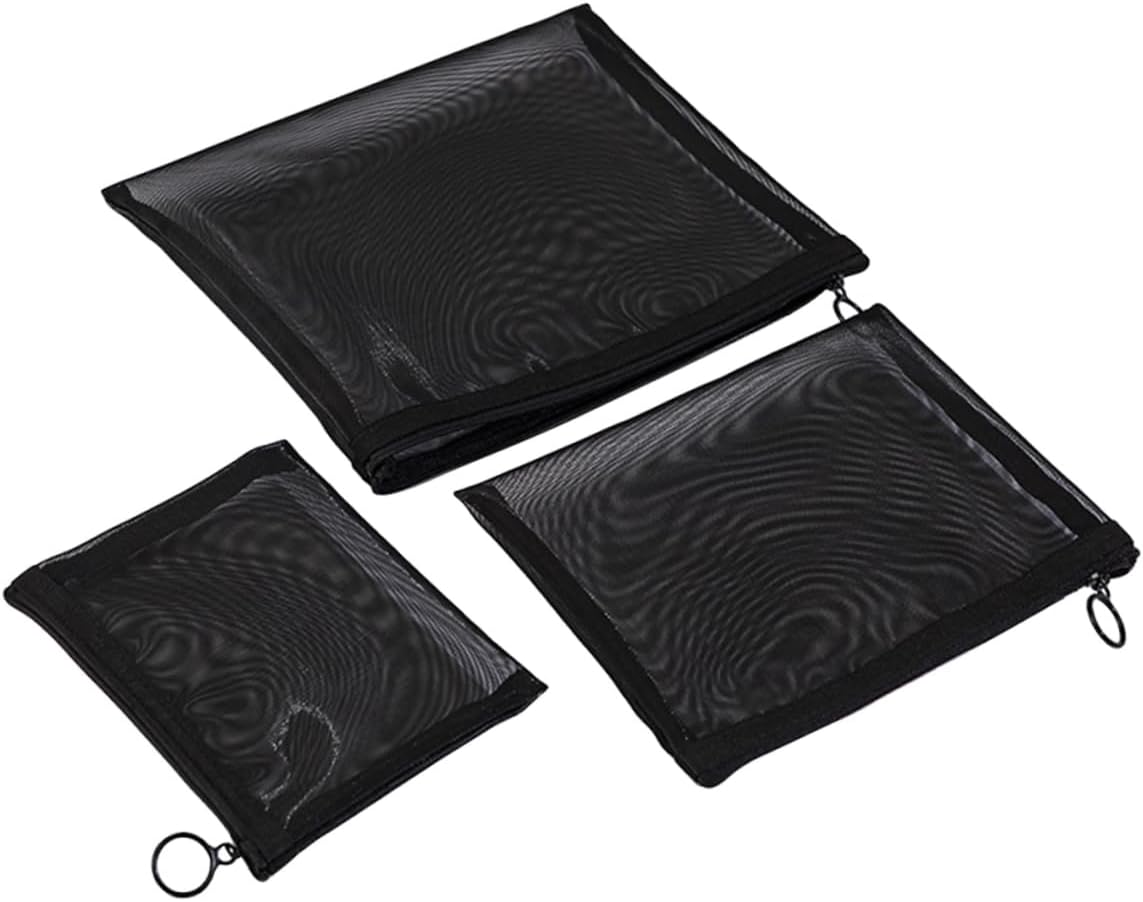 WOONEKY 3-teiliges Set Netz-Kosmetiktaschen, tragbare Make-up-Tasche für Frauen, für Reisen, Fitnessstudio und Alltag, großes Fassungsvermögen, Schwarz