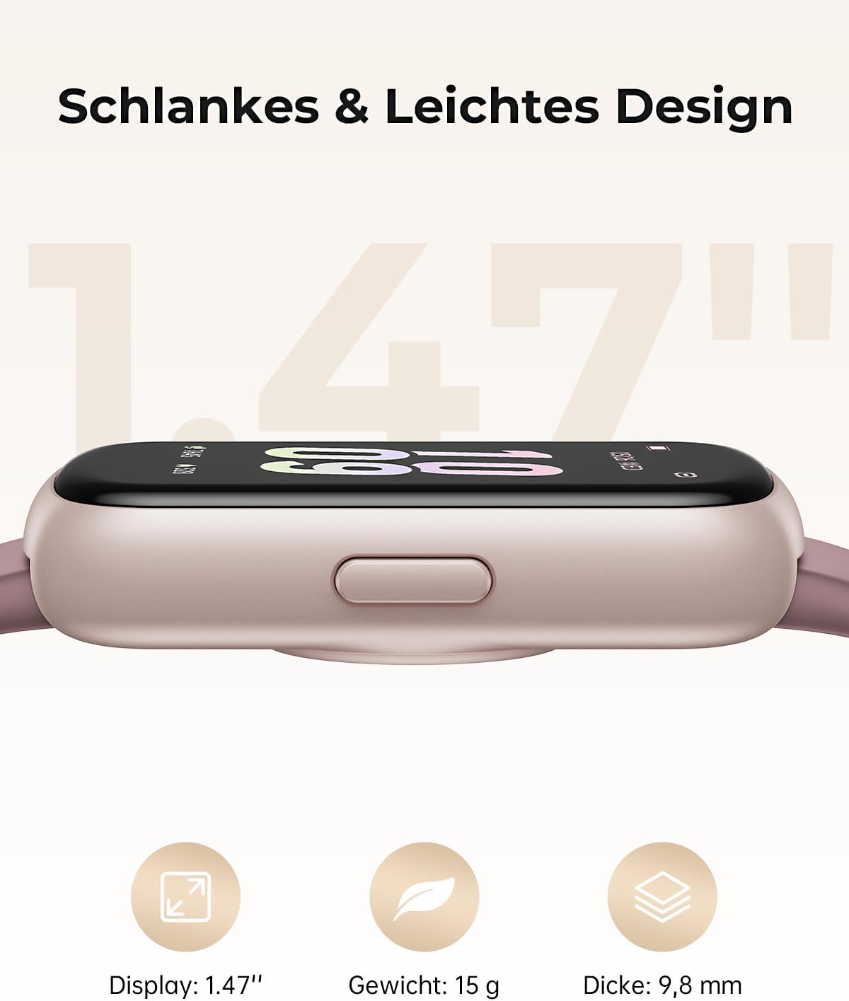 Smartwatch Damen Herren – 3 Armbänder, 1,47 Zoll kleine Fitness-Uhr als Fitness-Tracker, Aktivitätstracker, Herzfrequenzmesser, Uhr, SpO2, Schlaf-Tracker, Schrittzähler, Sportuhr für Android iOS, Roségold/Rauchviolett – Bild 2