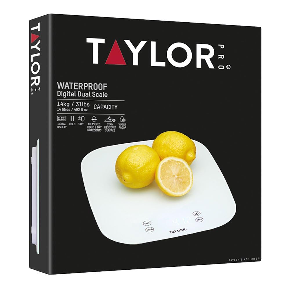 Digitale Küchenwaage Taylor Pro für Lebensmittel, kompakter professioneller Standard mit Präzisionsgenauigkeit, wasserdichtem Design und Tarafunktion, weißes Glas, Wiegekapazität 14 kg / 14 l – Bild 3
