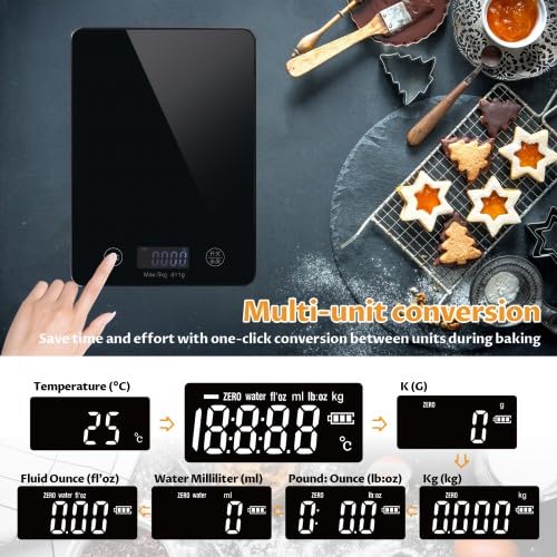 5 kg digitale Küchenwaage, wiederaufladbare Küchenwaage mit großem LCD-Display und Tara-Funktion, wasserdichte elektronische Digitalwaage, hohe Präzision 1 g, mit großer Wiegefläche aus Glas, Schwarz – Bild 3