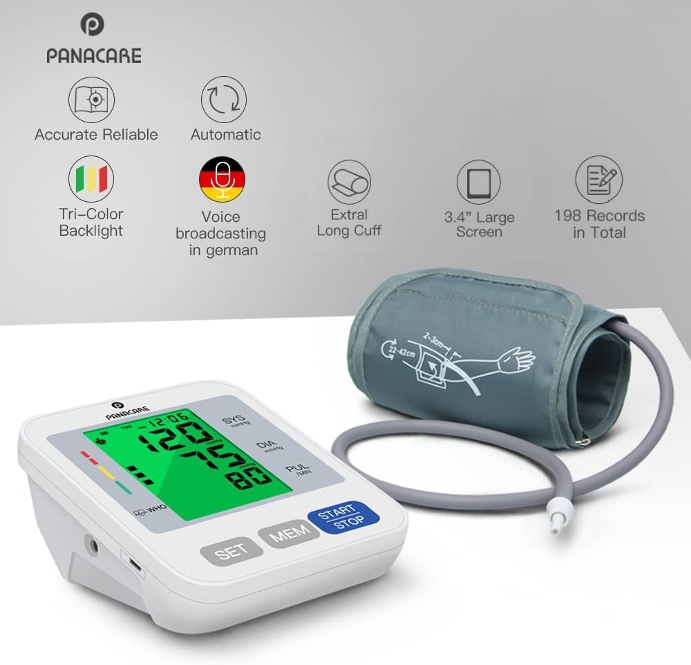 Panacare 2.0 Vollautomatisches Oberarm-Blutdruckmessgerät, 3-farbiges großes Display mit Hintergrundbeleuchtung, deutsche Sprache, 2Benutzer & 198 Daten, Manschette von 22-42 cm, Blutdruckmessgerät (Silber)