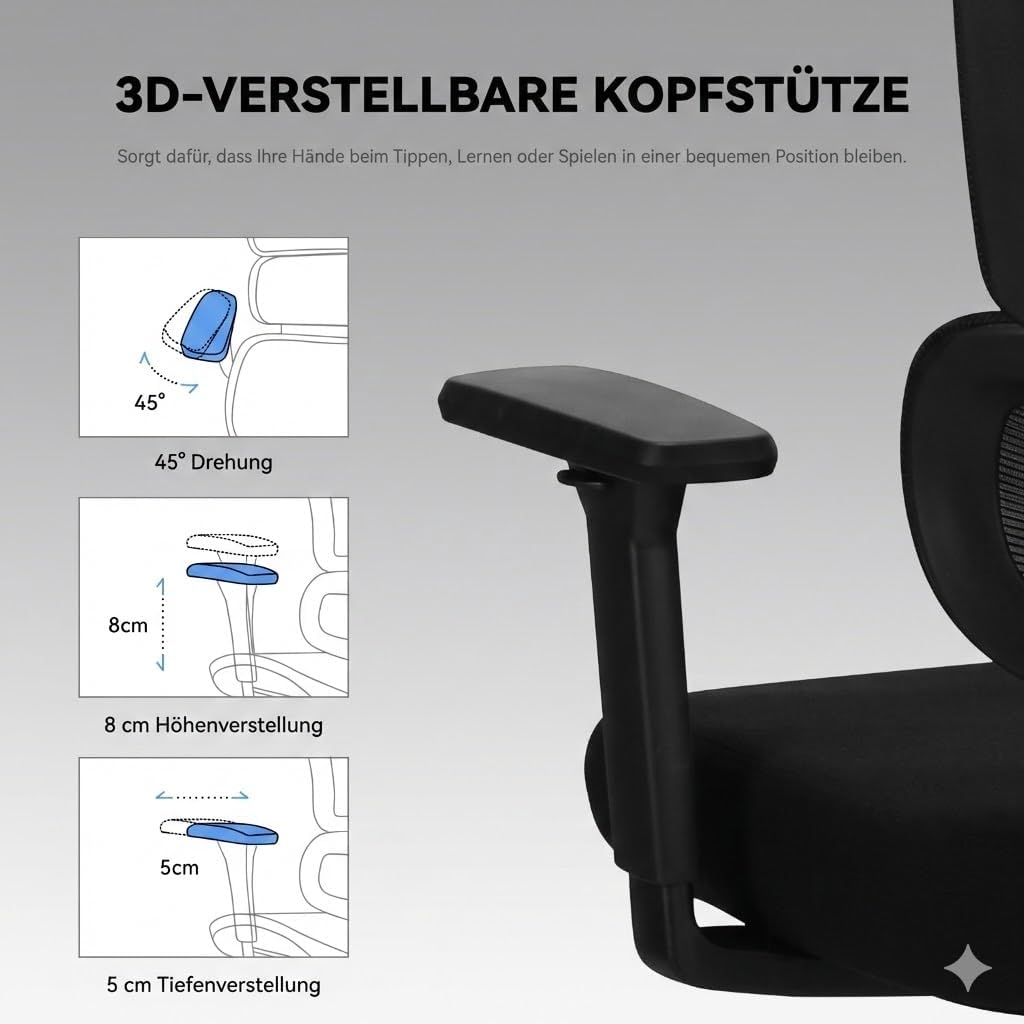 MUSSO E600AIR Ergonomischer Bürostuhl, Heimbürostuhl mit hoher Rückenlehne und adaptiver Lendenwirbelstütze, 5D-verstellbare Rückenlehne, 135°-Neigung, 3D-Kopfstütze und Armlehnen, Netz-Computerstuhl – Bild 5