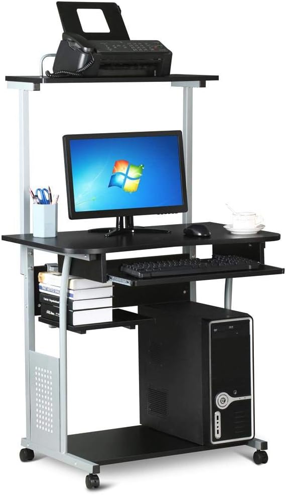 Yaheetech Kleiner Schreibtisch, 80 cm breit, Vintage Computertisch im Industriedesign mit Rollen & Ablage, PC-Tisch mit Tastaturfach aus Holz und Metall, Schwarz
