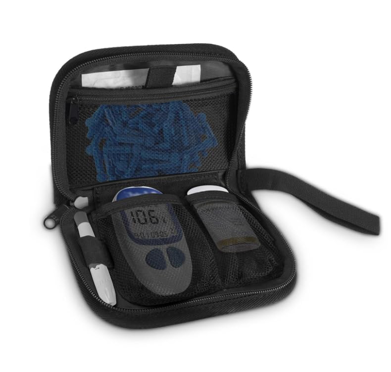 Blutzuckermessgerät-Tasche für Diabetes mit Reißverschluss, kompakte Aufbewahrungstasche mit Fächern und elastischen Schlaufen für Messgerät, Teststreifen, Insulin-Pen für den Alltag und auf Reisen
