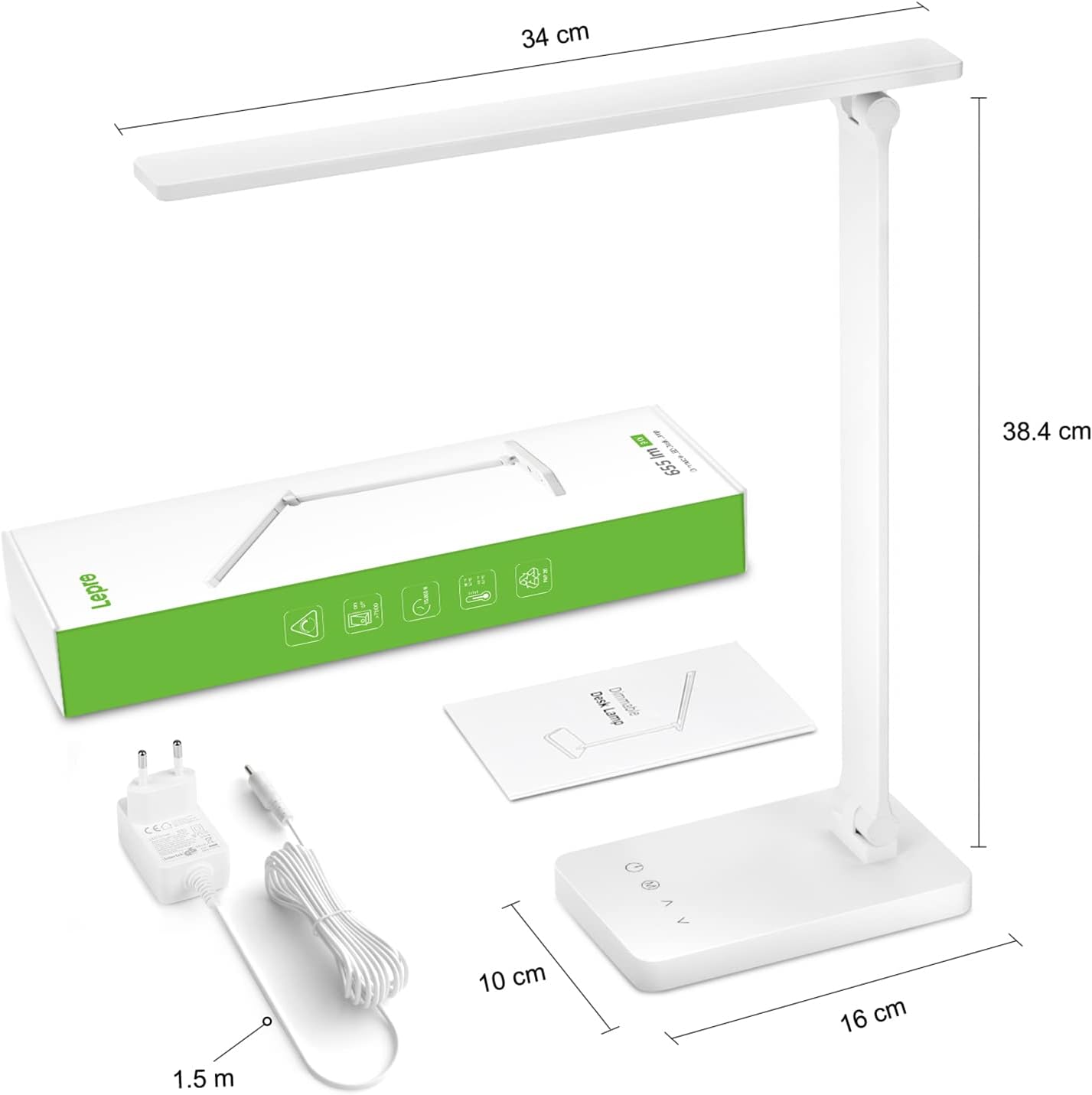 Lepro LED-Schreibtischlampe 15 W, dimmbare Tischlampe 655 lm mit 3 Farbmodi & 5 Helligkeitsstufen, USB-Anschluss, Augenschutz-Leselampe für Büro, Arbeitszimmer, Nachttisch & Lesen, Weiß (2 Stück) – Bild 6