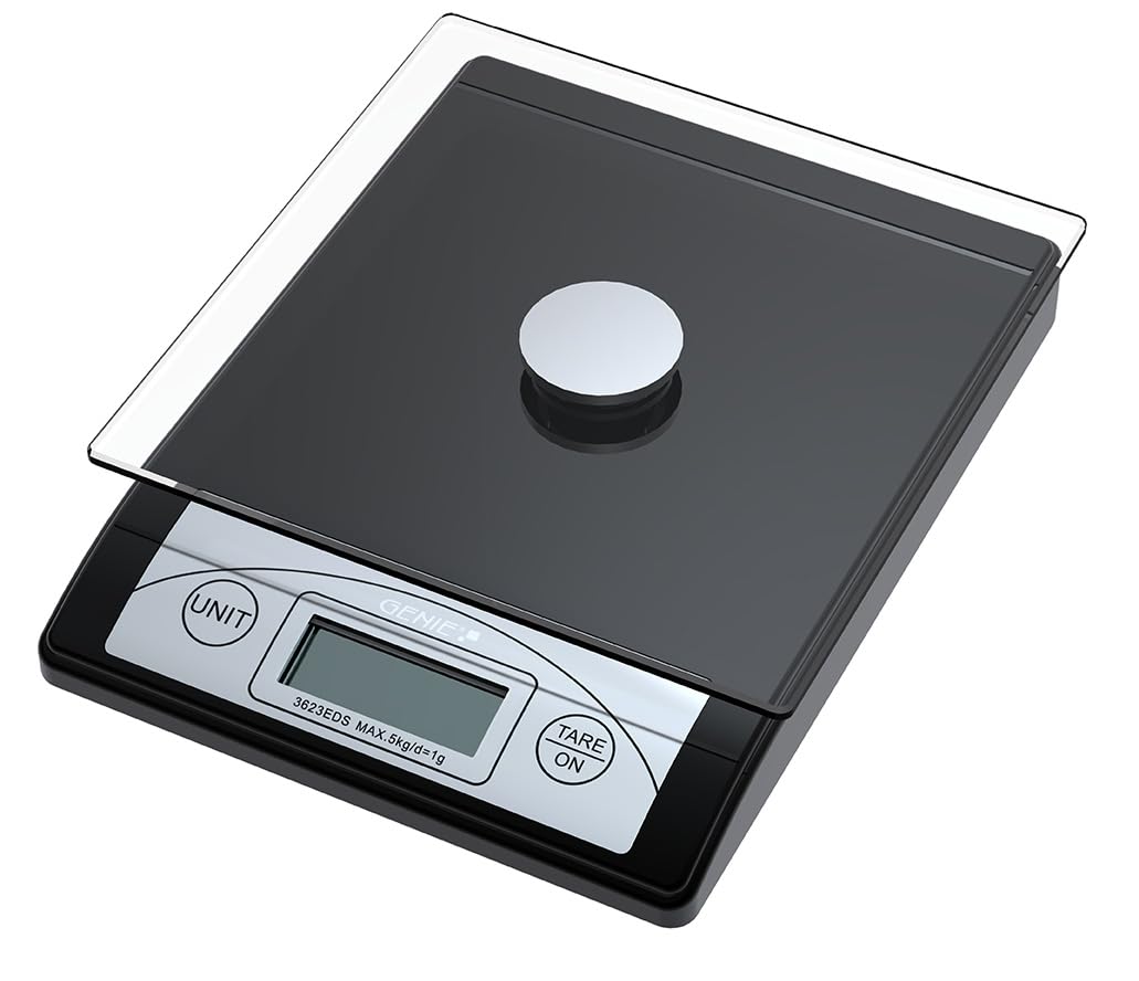 Genie 3623 EDS Digitale Briefwaage, von 1 g bis 5000 g, aus robustem Kunststoff, inkl. Glasplatte und LCD-Display, Schwarz, Schwarz