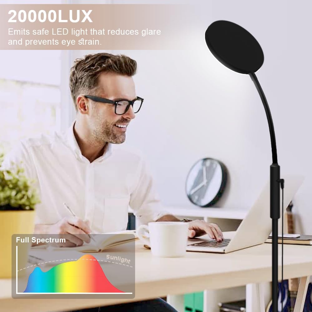 Mojimdo Stehlampe 20000 Lux Tageslichtlampe – Flexible, dimmbare LED-Lichttherapielampe mit 5 Farben, 10 Helligkeitsstufen und Timer – Ideal für Schlafzimmer, Wohnzimmer und Büro – Schwarz – Bild 3