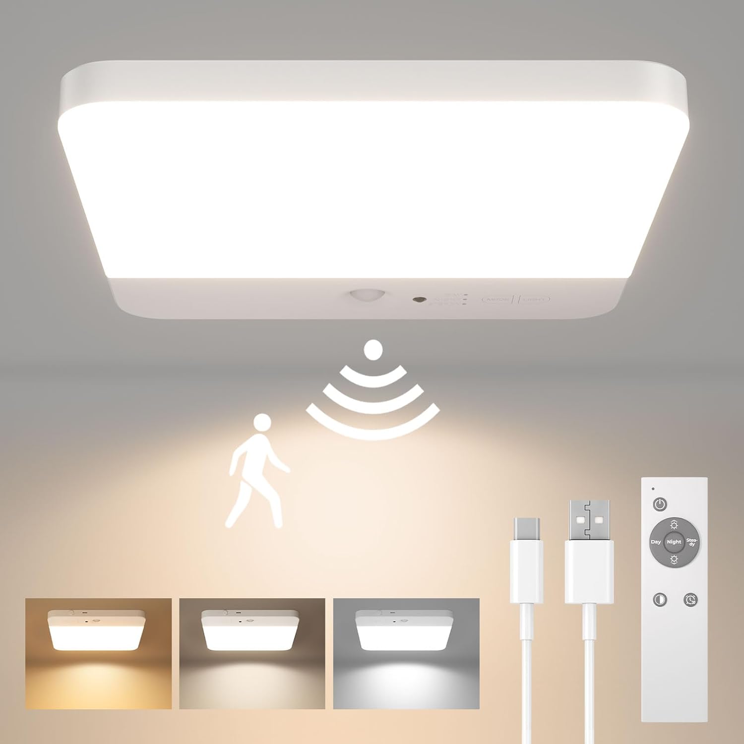 FULEN Badezimmer-Deckenleuchte mit Bewegungsmelder, kabellose LED-Deckenleuchte, dimmbar mit Akku, wiederaufladbar, 3 Farbtemperaturen, Fernbedienung mit Timer, Lampe Decke für Flur, Keller, Treppenhaus