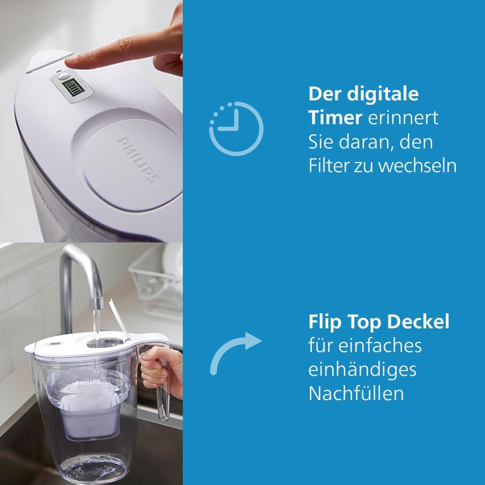 Philips Wasserfilterkanne XL + 3 Geschmacksrichtungen + Ersatzfilterkartuschen, schneller Wasserdurchfluss, weiß, 3,4 Liter, elektronischer Timer – Bild 6