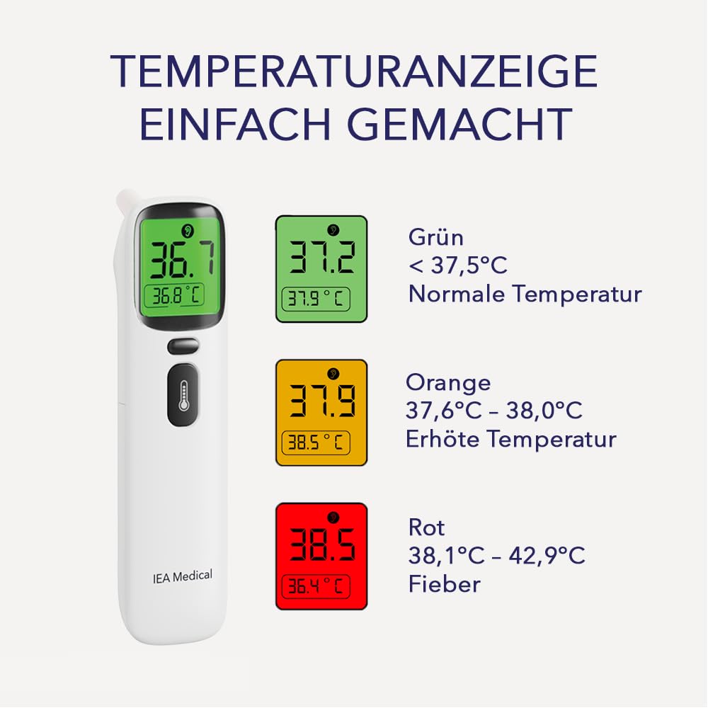 IEA Medical Digitales Infrarot-Fieberthermometer für Babys, Kinder & Erwachsene, Thermometer zur Fiebermessung mit Fieberalarm, Stirnthermometer berührungslos, Fiebermessgerät – Bild 3