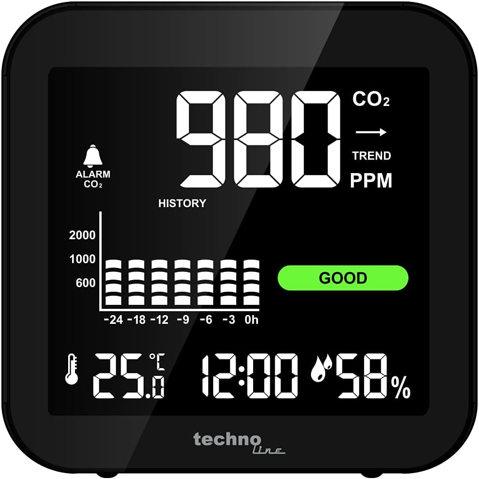 Technoline WL1025 CO₂-Messgerät mit Display – Luftqualitätsmonitor mit CO2-Sensor (400–5000 ppm), Temperatur und Luftfeuchtigkeit, 24-Stunden-Verlauf, CO2-Alarm, Batterie und USB, Raumluftmonitor – Bild 3
