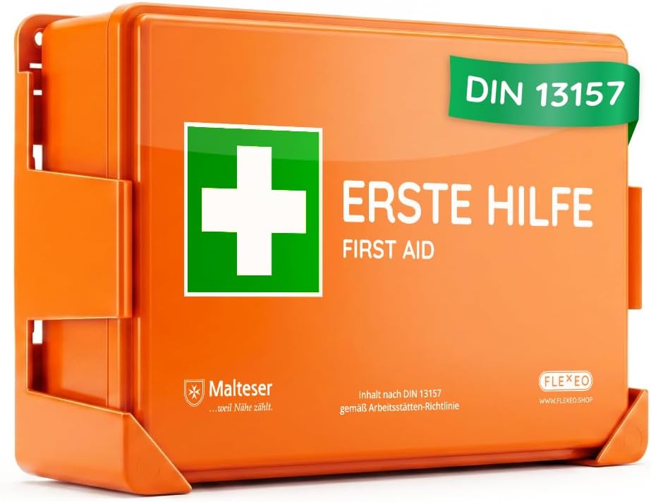 FLEXEO Erste-Hilfe-Set C nach aktueller DIN 13157 | mit Wandhalterung/Wandmontage | Betriebsapotheke / Verbandskasten für Betriebe, Büros und Baustellen gemäß ASR | Orange