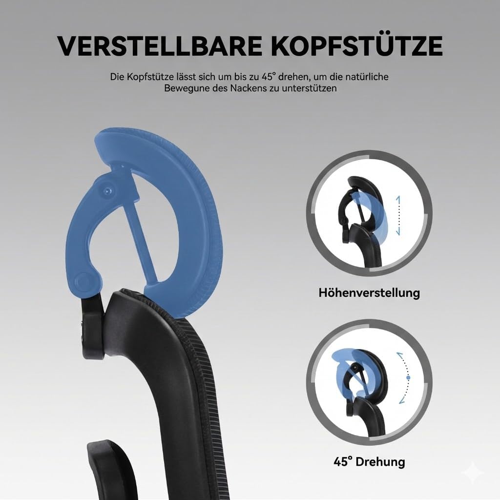 MUSSO E600AIR Ergonomischer Bürostuhl, Heimbürostuhl mit hoher Rückenlehne und adaptiver Lendenwirbelstütze, 5D-verstellbare Rückenlehne, 135°-Neigung, 3D-Kopfstütze und Armlehnen, Netz-Computerstuhl – Bild 6