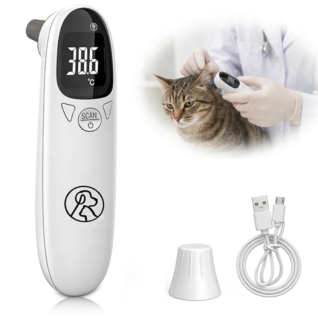 Ohrthermometer Hund und Katze, Digitales Fieberthermometer für Haustiere mit LED-Anzeige, Schnelle Fiebererkennung in Sekunden, Tragbares Thermometer Ohr für Welpen, Kühe und Schafe