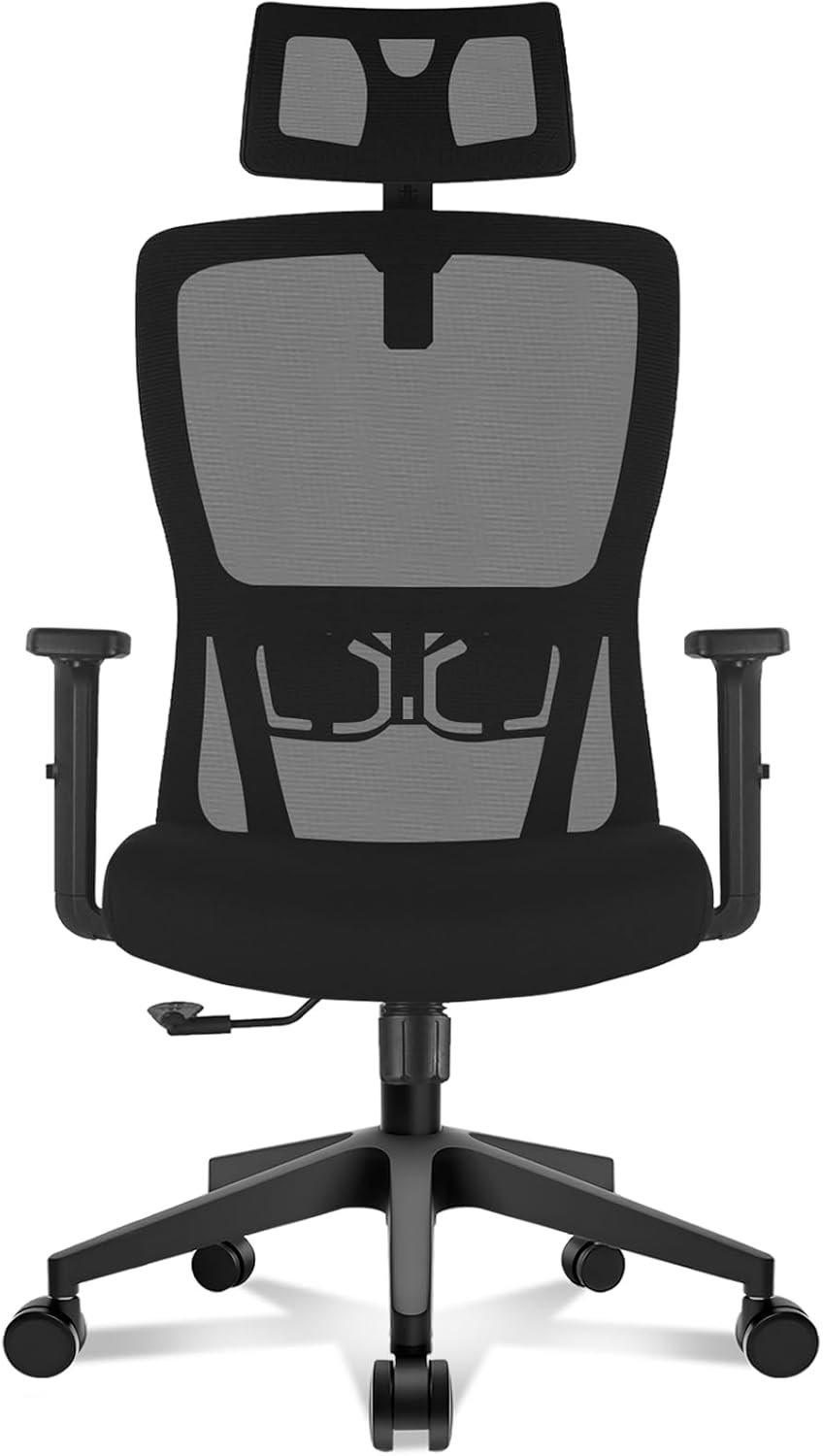 Durrafy Ergonomischer Bürostuhl, Schreibtischstuhl mit hoher Rückenlehne, verstellbarer Lordosenstütze, Kopfstütze & Armlehnen, Drehstuhl mit Liegefunktion, Bürostuhl bis 150 kg belastbar, Schwarz