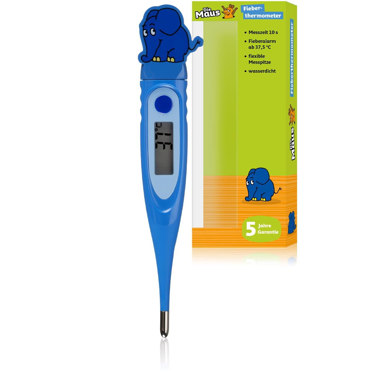 DieMaus Digitales Fieberthermometer für Kinder, 2D-Design, flexible Spitze, 10 Sekunden Messzeit, Fieberalarm, Speicher, wasserdicht, CE-geprüft