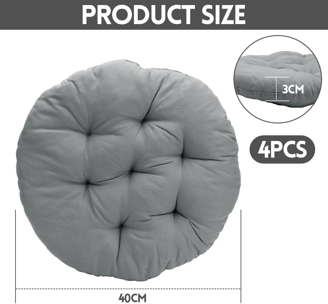 LOMUG Rundes Sitzkissen, 40 cm, 4er-Set, Stuhlkissen mit Befestigungsgurten, Grau, weiche Stuhlkissen für Esszimmerstuhl, Bürostuhl, Gartenstuhl, Balkon & Küche, bequeme Sitzpolsterung – Bild 2