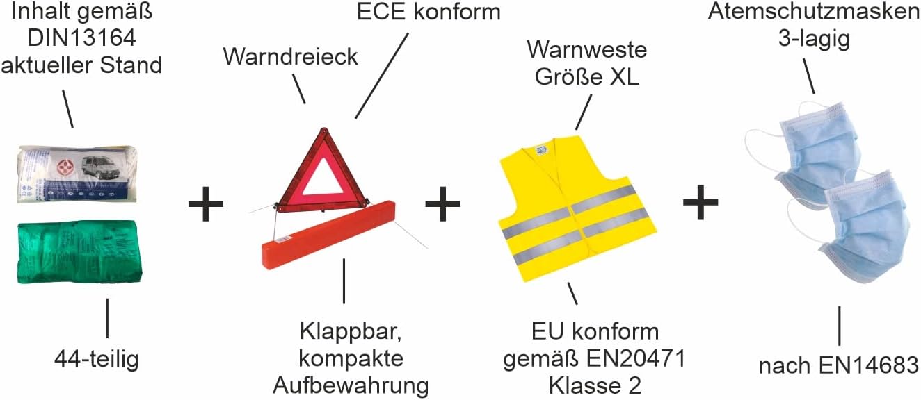 Rau Auto-Kombitasche rot (3 in 1) aktuell 2026 – alles inklusive: Warndreieck + Warnweste + Verbandstasche DIN 13164 + Masken – geprüfte StVO-Konformität – europaweit einsetzbar – Pannen-Set – Bild 2