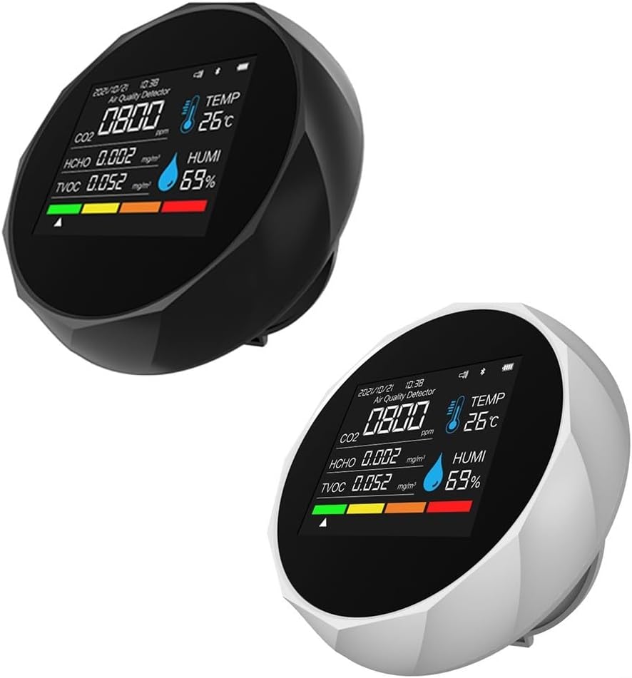 6-in-1 Kohlendioxid-Detektor mit WLAN, Luftqualitätsmonitor für TVOC-Temperaturfeuchtigkeit, Echtzeit-App-Steuerung, Ton- und Farbalarm, Datenspeicherung, Weiß