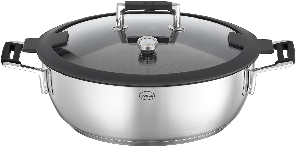 RÖSLE Silence Pro Aroma-Dampfgarer, hochwertige Auflaufform zum Dünsten, Warmhalten und Aufwärmen inklusive Deckelthermometer und Ablagegestell, Edelstahl, spülmaschinenfest, 28 cm, Silber/Schwarz