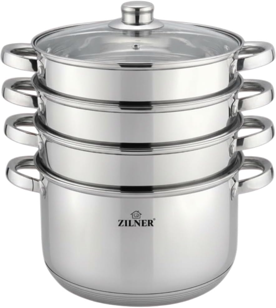Dampfgarer-Set – Topfset 5-teilig – 24 cm – 3 x Dampfgareinsätze und Glasdeckel – für alle Herdarten – Dampftopf für gesundes Dampfgaren