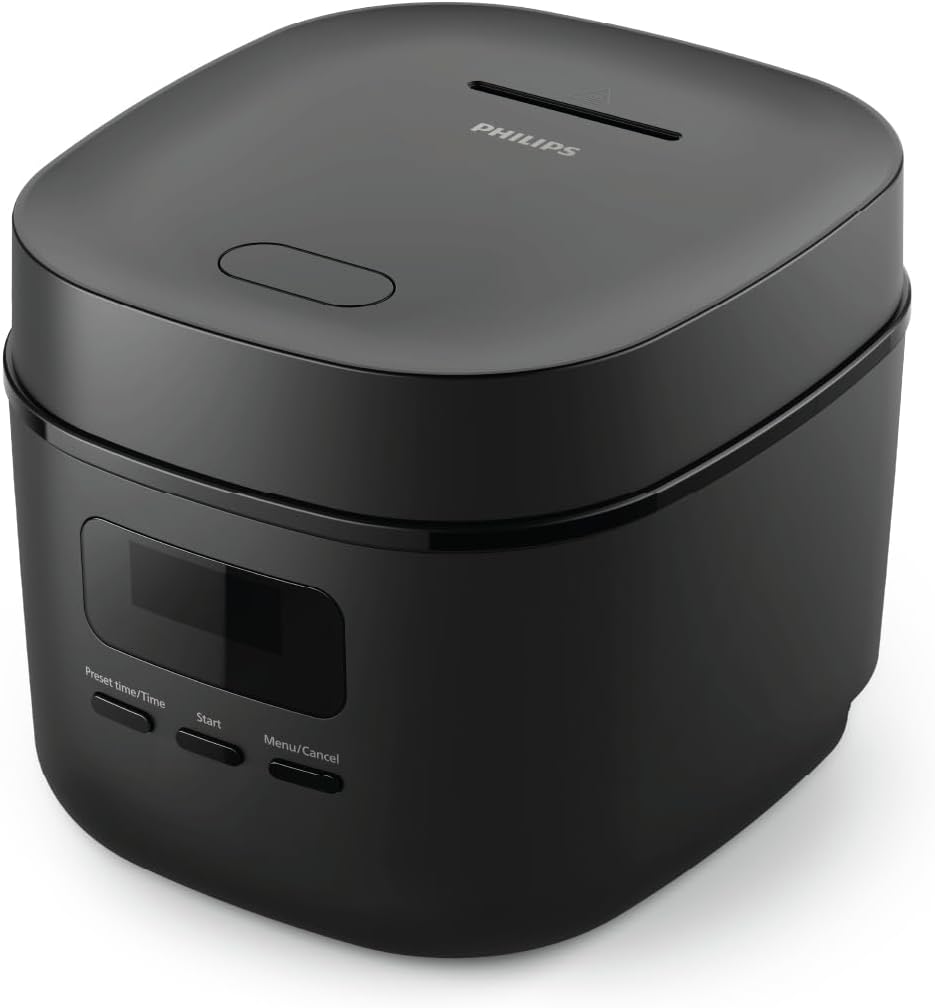 Philips Mini-Reiskocher 3000-Serie – 0,54 l, 5-lagige Bakuhanseki-Beschichtung, 30-Minuten-Druckkochmodus, 5 Kochfunktionen, Schwarz (HD3080/80)