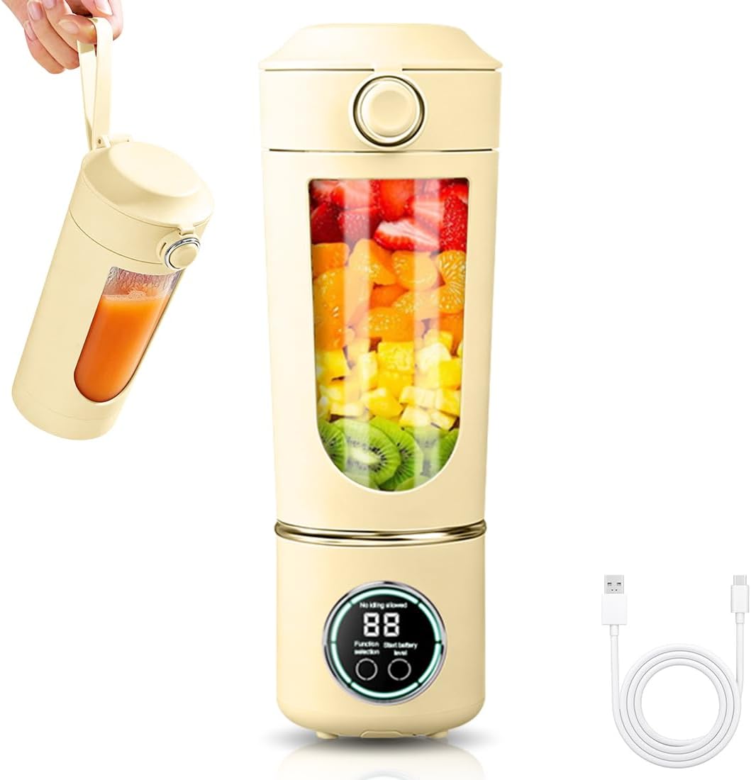 Tragbarer Mixer, Mini-Standmixer, kleiner Entsafter, Smoothie-Maker mit Silikon-Strohhalm, USB-Ladegerät Smoothie Maker, 400ml KleinerMixer mit 12 Edelstahlklingen, für Zuhause/Küche (Beige)