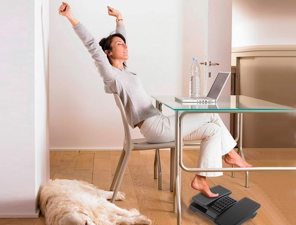 Q-Connect Premium-Fußstütze aus Kunststoff, rutschfeste Beschichtung, höhenverstellbare ergonomische Fußstütze mit Massagestruktur und Rolle, Fußstützen, schwarz – Bild 2