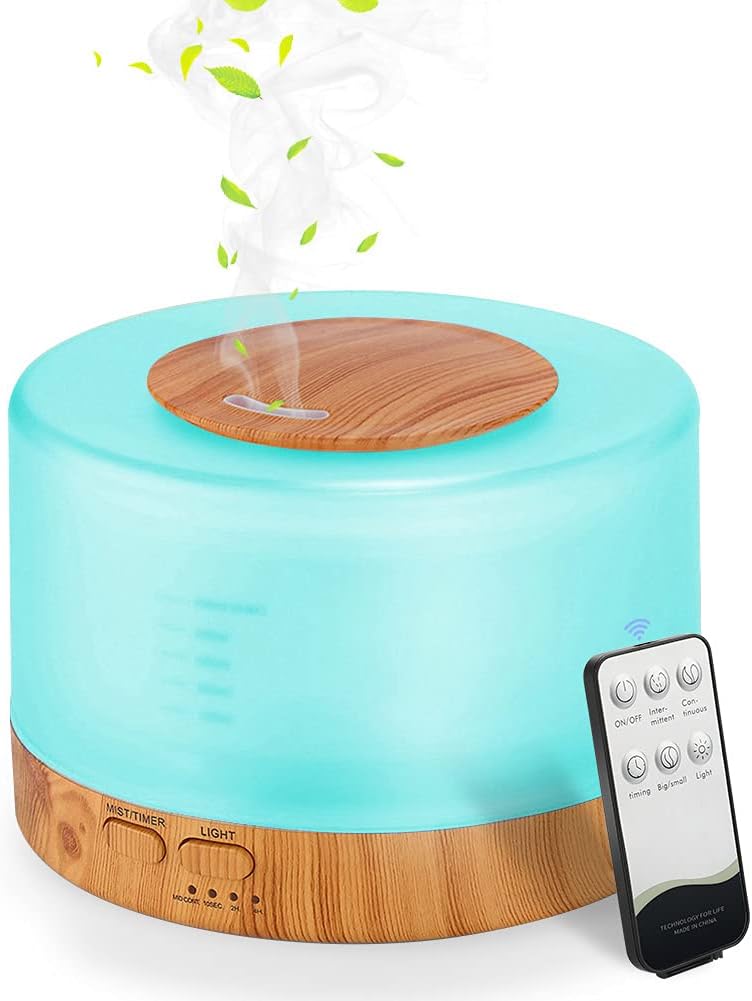 500 ml Aromadiffusor für ätherische Öle, Luftbefeuchter + Timer, Aromatherapie-Öldiffusor, 7 LED-Farben, Fernbedienung, Ultraschall-Diffusor für ätherische Öle, leiser Luftbefeuchter für Schlafzimmer, Yoga, Salon