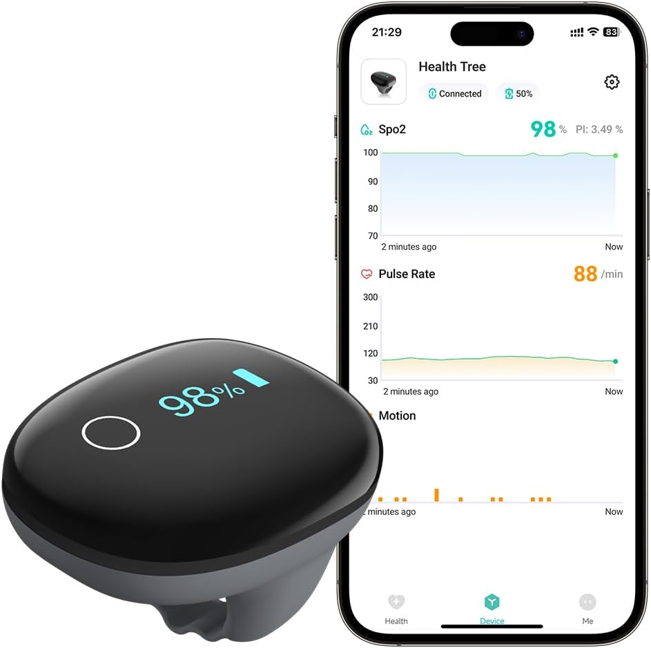 Wiederaufladbares O2-Ring-Bluetooth-Blutsauerstoffmessgerät für die Fingerspitze zur kontinuierlichen Messung von SpO2 und Pulsfrequenz