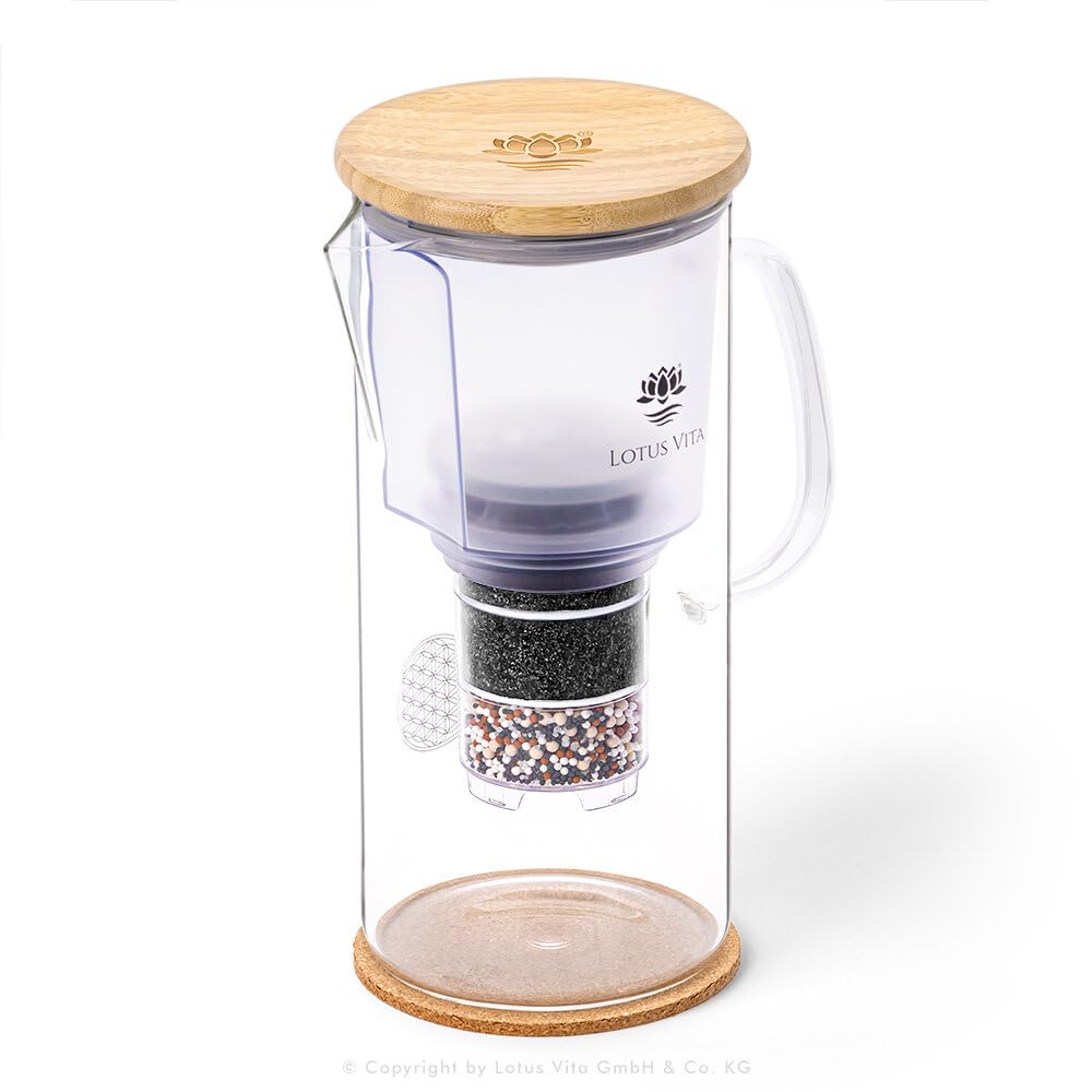 Lotus Vita ENYA Filterkanne aus Glas mit Bambusdeckel (Blume des Lebens auf Glas)
