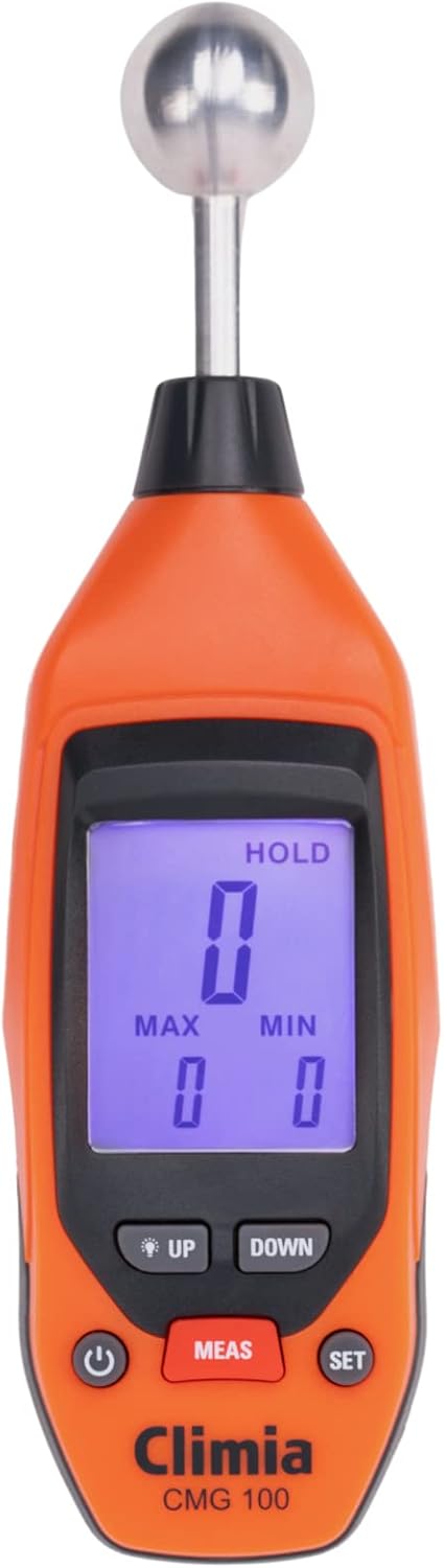 Climia CMG100 Feuchtigkeitsmessgerät für Wände, 5–40 mm Analysetiefe, Feuchtigkeitsmessgerät mit bis zu 50 Stunden Akkulaufzeit – einfach zu bedienen, beleuchtetes LED-Display