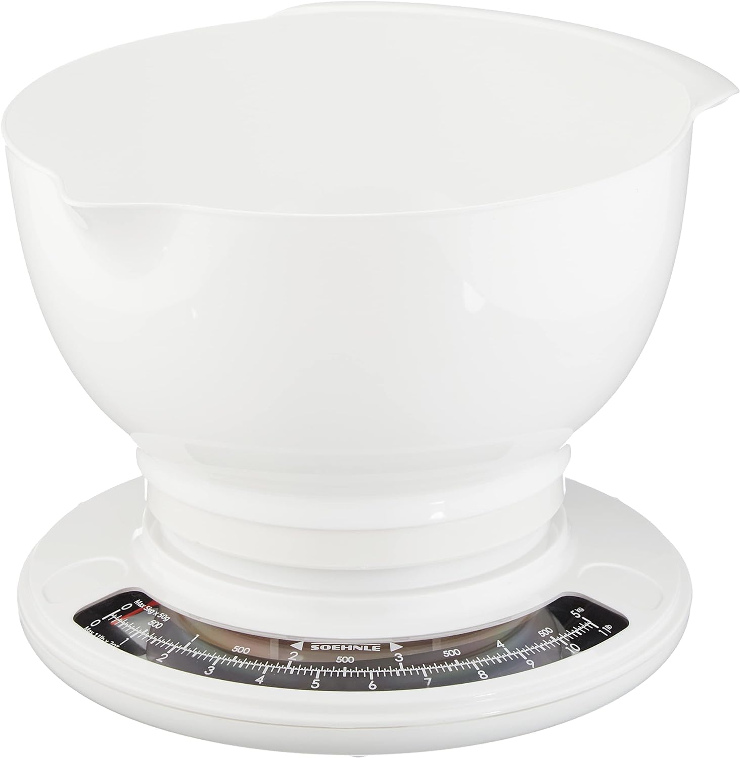 Soehnle Culina Pro 5 kg, analoge Küchenwaage, weiß, Gewicht bis 5 kg (50 g genau), Haushaltswaage mit großer Rührschüssel, Retro-Küchenwaage für Kuchen und mehr