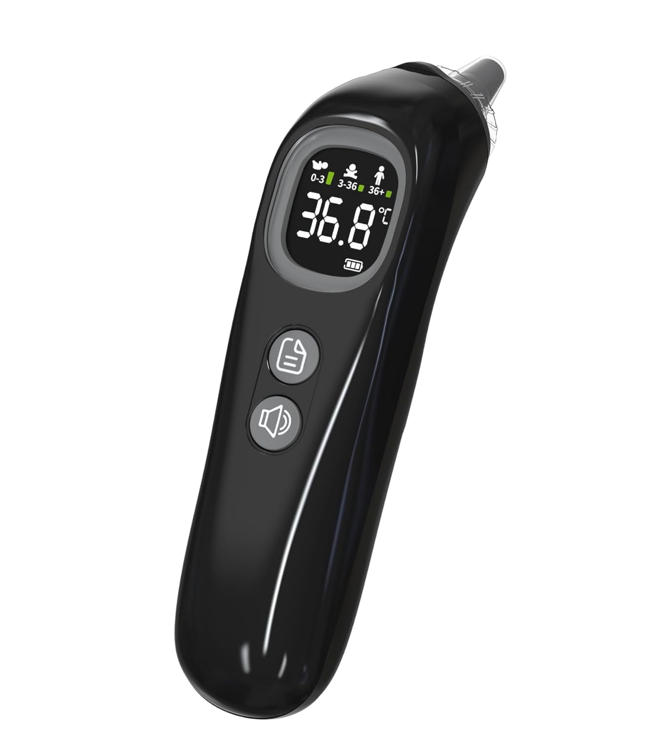 Hochpräzises Ohrthermometer für Kinder und Erwachsene – 1-Sekunden-Messung, intelligente Altersbereichs-Temperaturanzeige, 32 Speicherfunktionen, Stummschaltung, inklusive 21 Einweg-Schutzkappen