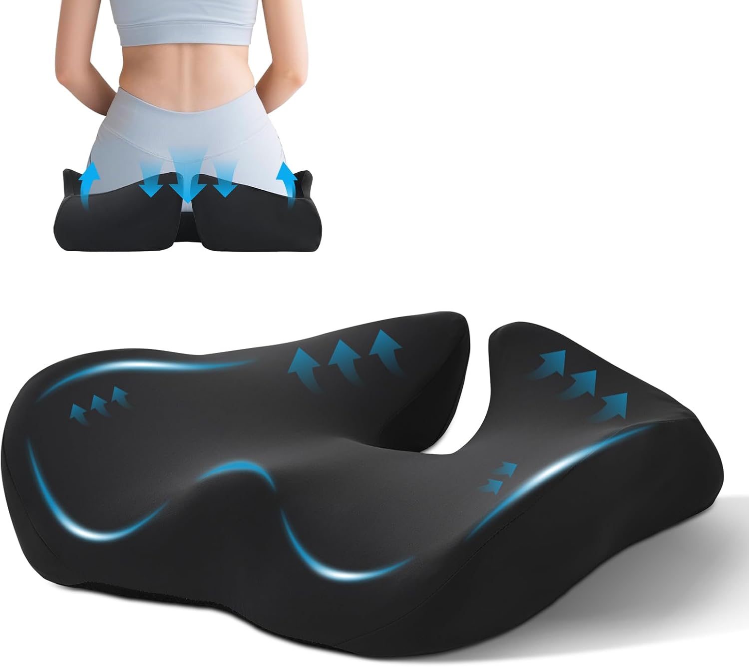 BRO Extra großes orthopädisches Sitzkissen mit Bezug aus Eisseide, ergonomisches Sitzkissen aus Memory-Schaum, Steißbein-Entlastung für Bürostuhl, Auto und Rollstuhl