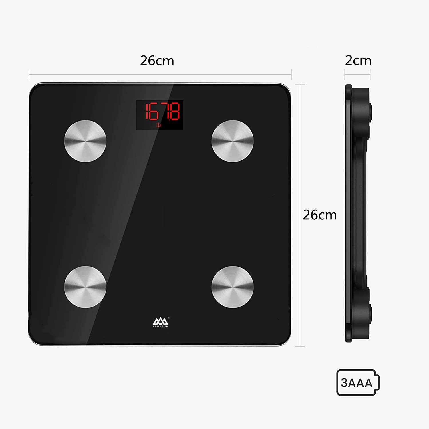 Körperfettwaage Digitale Personenwaage mit App, Smartwaage Bluetooth Körperanalysewaage mit Körperzusammensetzungsfunktion, 150 kg/330 LB, 26 x 26 cm, LED-Anzeige (Schwarz) – Bild 2