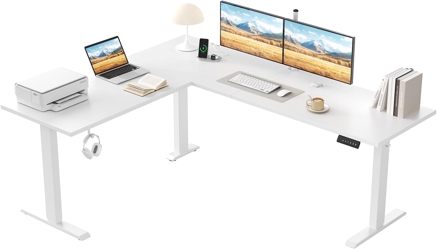 Klicelor L-förmiger elektrischer Schreibtisch, höhenverstellbar, 190 x 155 cm, L-förmiger Stehschreibtisch mit 3 Memory-Funktionen und Antikollisionstechnologie, ergonomischer Computertisch, weiß