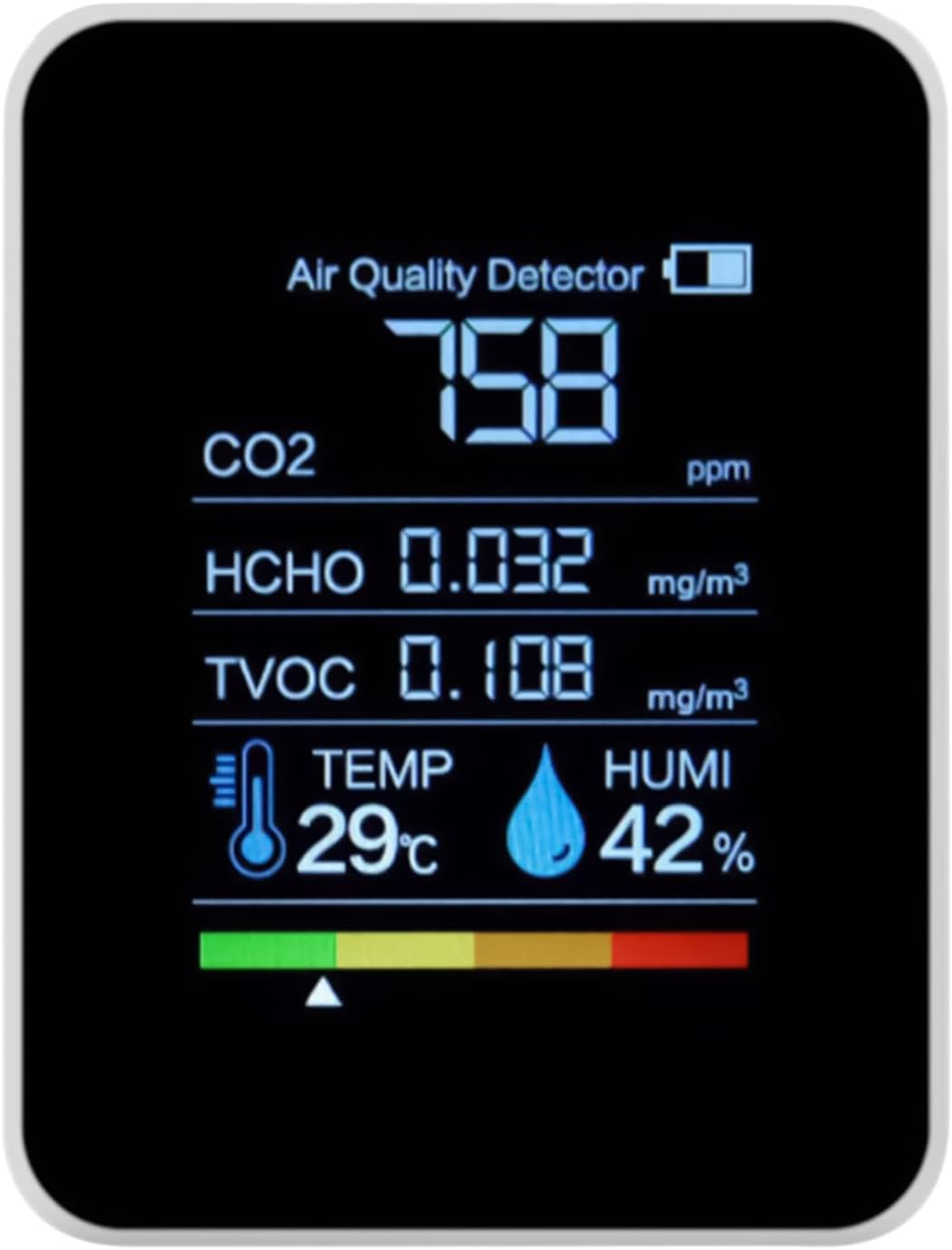 Luftqualitätsmonitor für den Innenraum – Luftdetektor-Tester, Co₂-Messung, Feinstaub PM2.5, VOC, Temperatur und Luftfeuchtigkeit, digitale Anzeige | Ideal für Zuhause, Büro, Schule