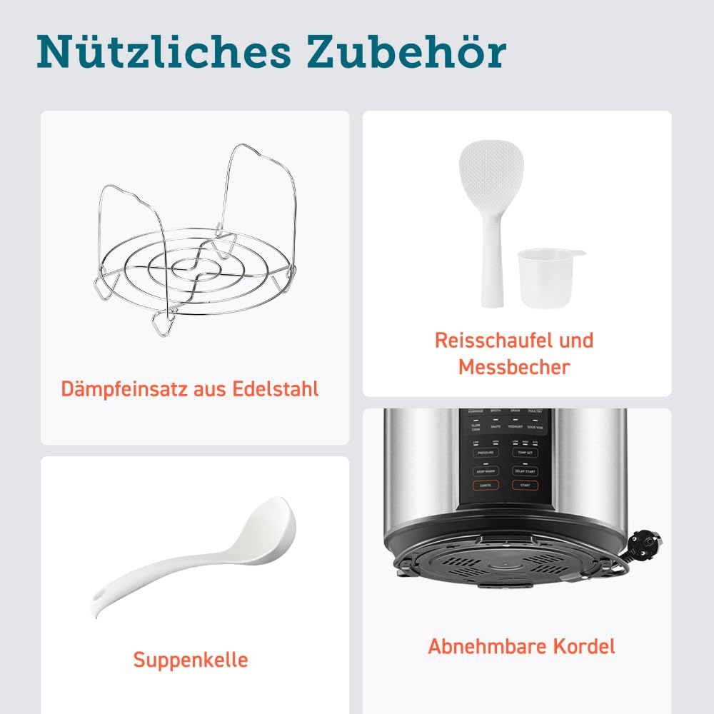 COSORI Schnellkochtopf, Keramikbeschichtung, 9-in-1, Multikocher mit 14 Funktionen, Schnellkochtopf 5,7 l, Reiskocher, Dampfgarer, Joghurtbereiter, Slow Cooker und Sous Vide, Rezeptbuch, Edelstahl – Bild 8