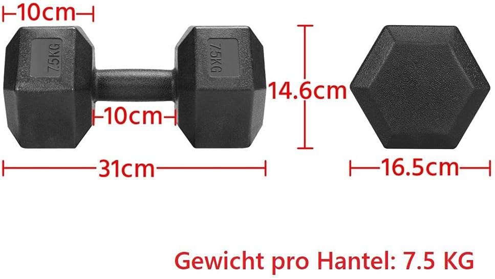 Yaheetech 2er-Set Kurzhanteln 5/7,5/10 kg, Hanteln aus Gummi, Gusseisen, Sechskant-Hanteln, Gewichte, Training für Aerobic, Gymnastik und Fitness – Bild 3