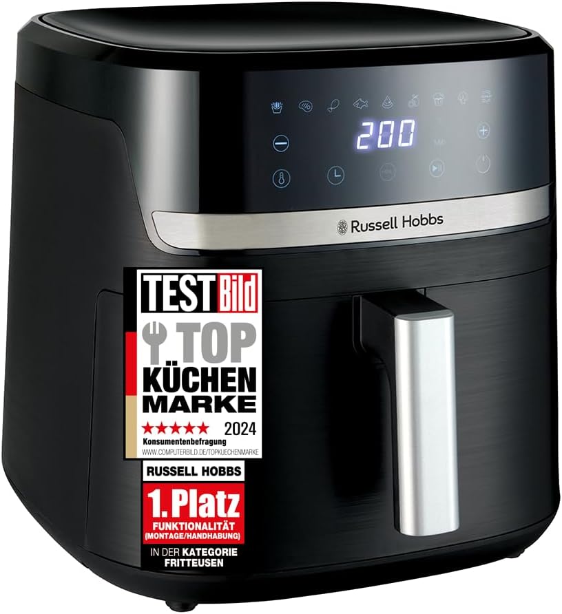 Russell Hobbs SatisFry 27632-56 Heißluftfritteuse XXL, 8,3 l, kompaktes Gehäuse, sehr leise, Pizza-Durchmesser 26 cm (9 Programme, spülmaschinenfest, Fritteuse ohne Öl, Touchscreen, Grillen, Backen)