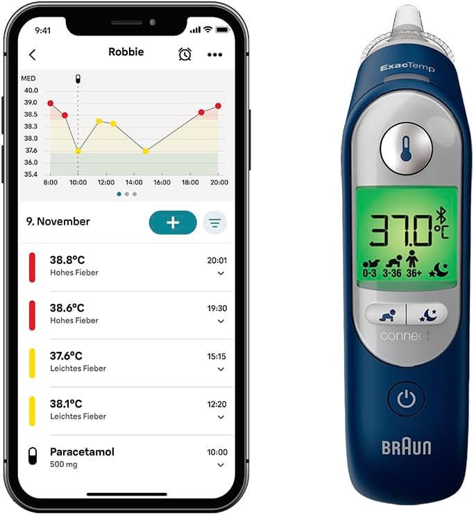 Braun ThermoScan 7+ Connect Ohrthermometer, kompatibel mit der Braun Family Care App, Age Precision-Technologie, farbcodiertes Digitaldisplay, Baby- und Kleinkinderfreundlich