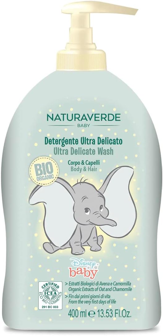 Disney Baby BIO ICEA Eco Bio Cosmetics Dumbo Ultra Delicate Körper- und Haarreinigungsgel mit Haferflocken- und Kamillenextrakten, 400 ml