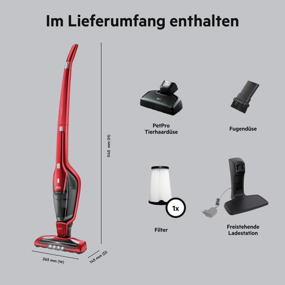 AEG Ergorapido CX7-2-45AN 2in1 Akku-Staubsauger (beutellos, inklusive Tierhaardüse, bis zu 45 Min. Laufzeit, freistehend, 180° Drehgelenk, Bürstenreinigungsfunktion, LED-Frontlichter, rot) – Bild 10