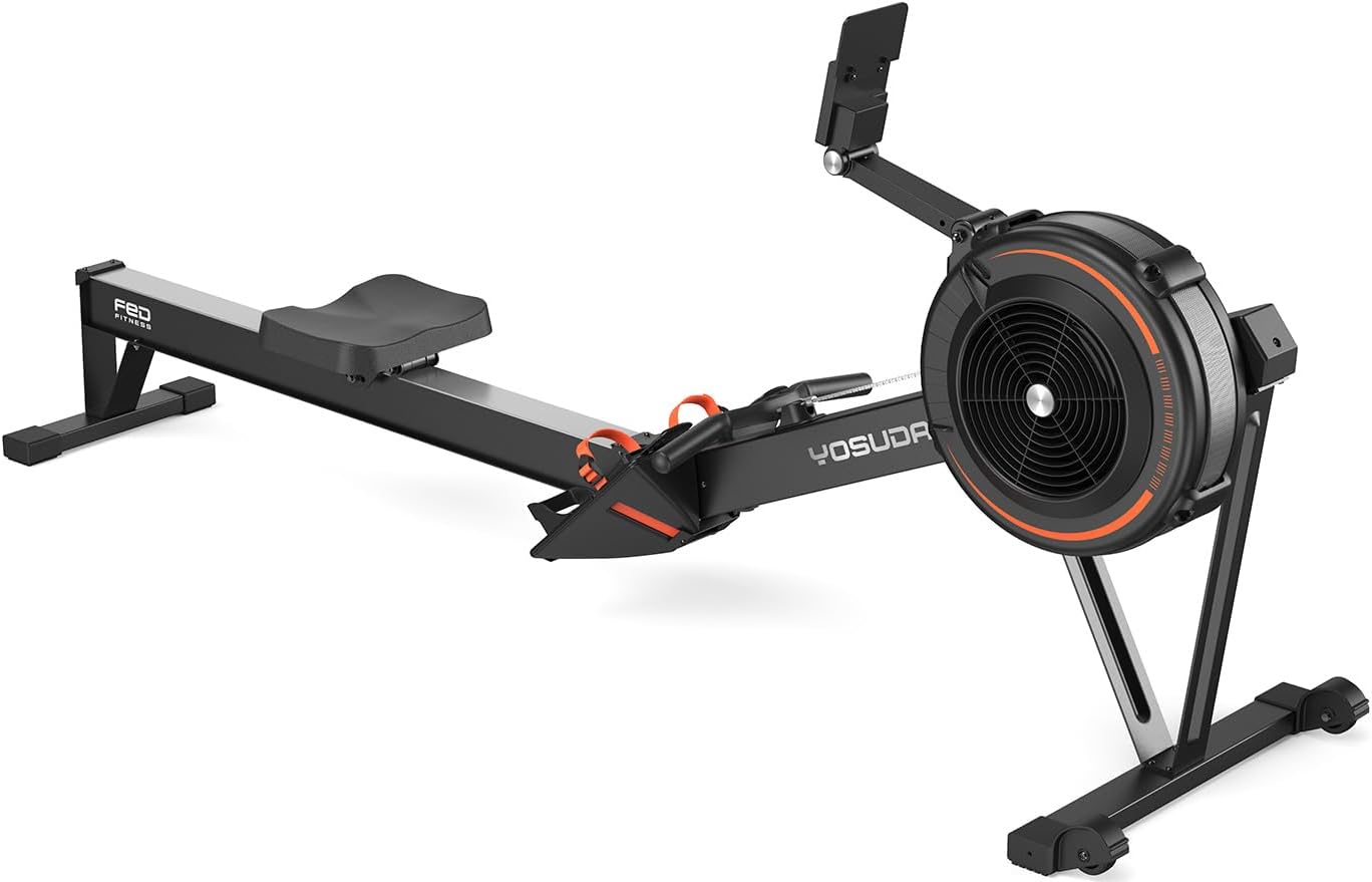 YOSUDA R2 Luft-Rudergerät für zu Hause, faltbar, selbstbetriebenes Display, 10 Widerstandsstufen, lange Schiene, 4-Wege-Display, Bluetooth und App, für große Benutzer, Luftwiderstand, Rudergerät