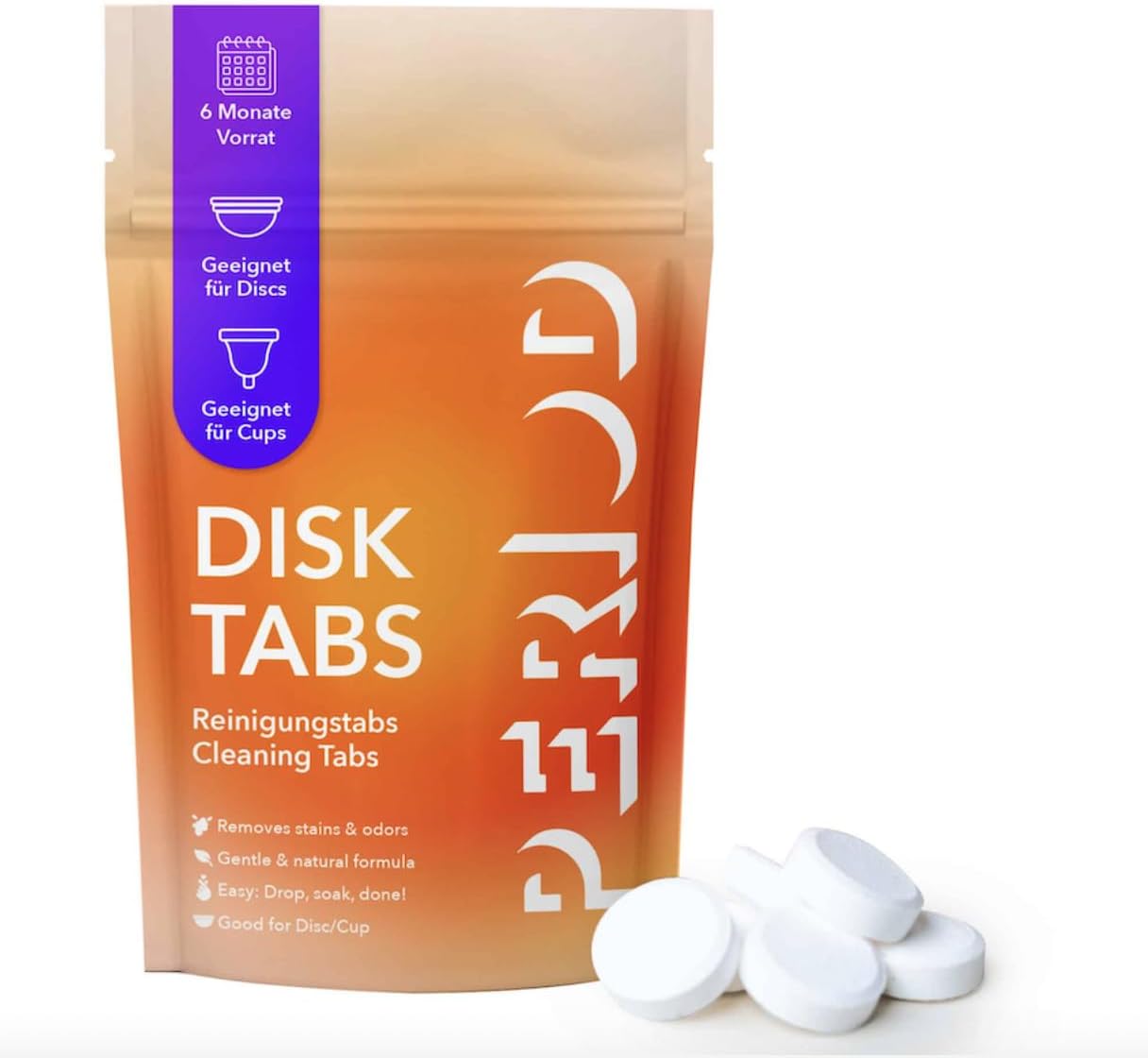 PERIOD Disk Tabs – Natürliche Reinigung für Menstruationstassen und Menstruationsscheiben – Entfernt hartnäckige Flecken und Gerüche, ohne die Bandscheiben und Tassen zu beschädigen – 6-Monats-Vorrat