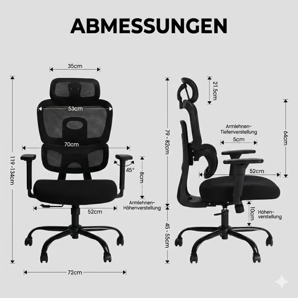 MUSSO E600AIR Ergonomischer Bürostuhl, Heimbürostuhl mit hoher Rückenlehne und adaptiver Lendenwirbelstütze, 5D-verstellbare Rückenlehne, 135°-Neigung, 3D-Kopfstütze und Armlehnen, Netz-Computerstuhl – Bild 2