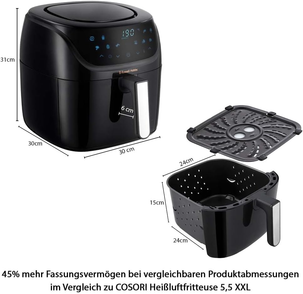 Russell Hobbs SatisFry 27170-56 Heißluftfritteuse XXL, 8 l, Rapid AirFryer, kompaktes Gehäuse, 7 Kochfunktionen, 10 Programme, spülmaschinenfest, max. 220 °C, Fritteuse ohne Öl, Grillen, Backen, Braten – Bild 9