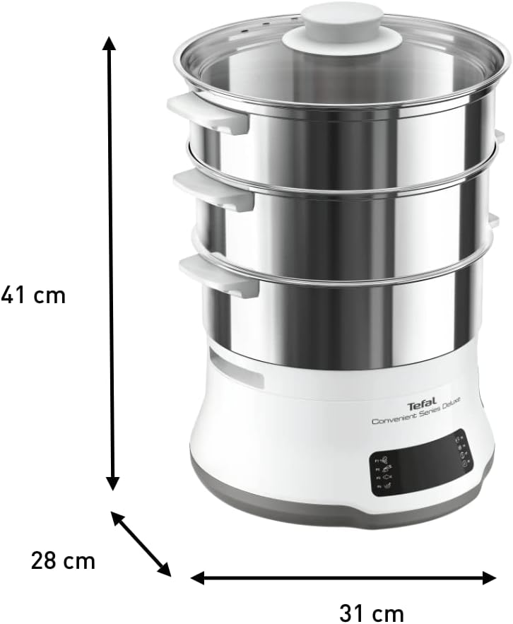 Tefal Convenience Series Deluxe Dampfgarer, einfacher Touchscreen, 8 Programme, Garen auf 3 Ebenen, Edelstahlbehälter, langlebige Qualität, gesunde Zubereitung, Edelstahl/Weiß, VC502D – Bild 3