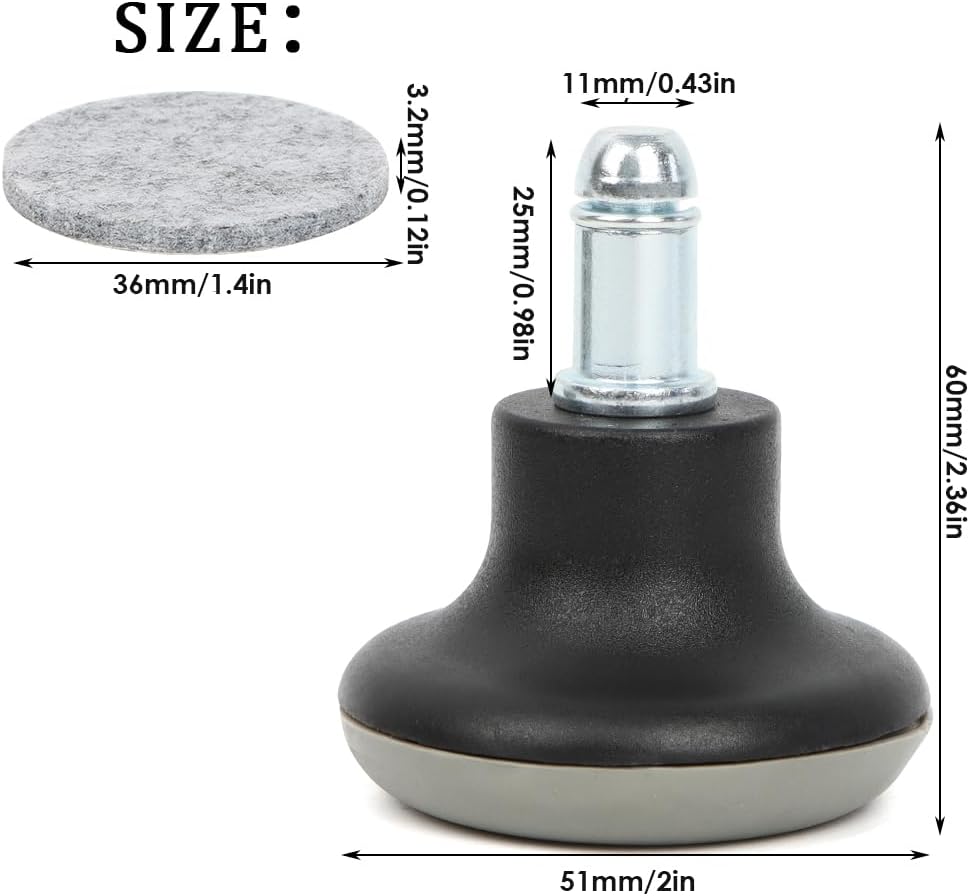 Bürostuhlgleiter 5er Set - Bodengleiter mit selbstklebenden Filzgleitern - Einlegestange 11 mm x 25 mm - Drehstuhlfüße Parkettfliesen - Stuhlfußgleiter - Schwarz – Bild 2